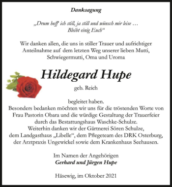 Traueranzeige von Hildegard Hupe (geb. Reich)  von Magdeburger Volksstimme