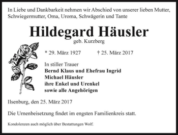 Traueranzeige von Hildegard Häusler (geb. Kurzberg)  von Magdeburger Volksstimme
