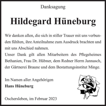 Traueranzeige von Hildegard Hüneburg  von Magdeburger Volksstimme