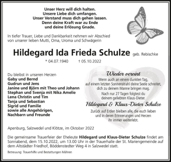 Traueranzeige von Hildegard Ida Frieda Schulze (geb. Rebischke)  von Magdeburger Volksstimme