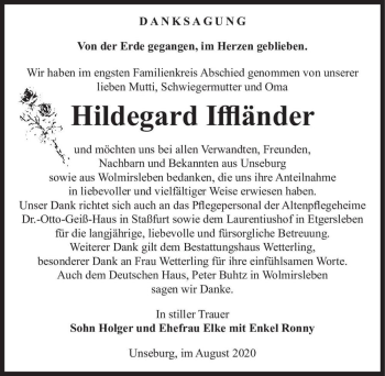 Traueranzeige von Hildegard Iffländer  von Magdeburger Volksstimme