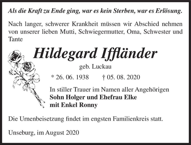  Traueranzeige für Hildegard Iffländer (geb. Luckau)  vom 08.08.2020 aus Magdeburger Volksstimme
