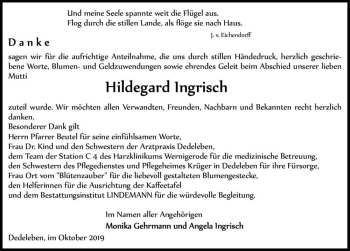Traueranzeige von Hildegard Ingrisch  von Magdeburger Volksstimme