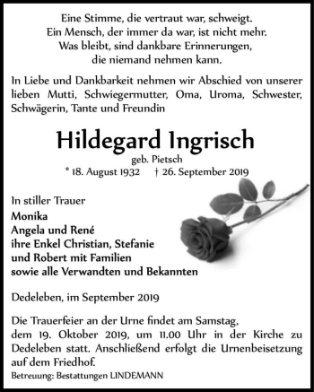 Traueranzeige von Hildegard Ingrisch (geb. Pietsch)  von Magdeburger Volksstimme