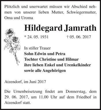 Traueranzeige von Hildegard Jamrath  von Magdeburger Volksstimme