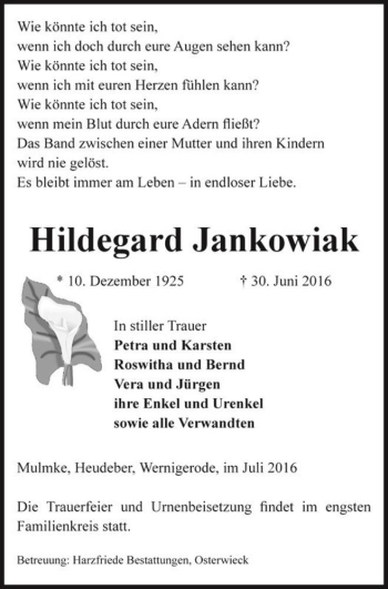 Traueranzeige von Hildegard Jankowiak  von Magdeburger Volksstimme
