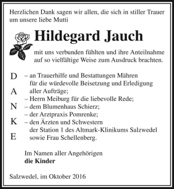 Traueranzeige von Hildegard Jauch  von Magdeburger Volksstimme