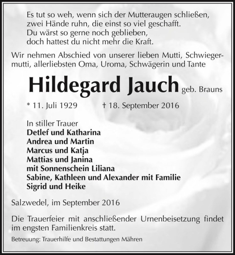  Traueranzeige für Hildegard Jauch (geb. Brauns)  vom 21.09.2016 aus Magdeburger Volksstimme
