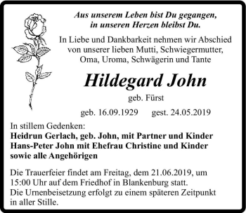 Traueranzeige von Hildegard John (geb. Fürst)  von Magdeburger Volksstimme