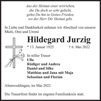 Traueranzeige von Hildegard Jurzig  von Magdeburger Volksstimme