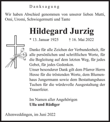 Traueranzeige von Hildegard Jurzig  von Magdeburger Volksstimme