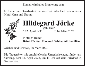 Traueranzeige von Hildegard Jörke (geb. Holz)  von Magdeburger Volksstimme
