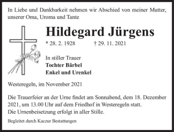 Traueranzeige von Hildegard Jürgens  von Magdeburger Volksstimme