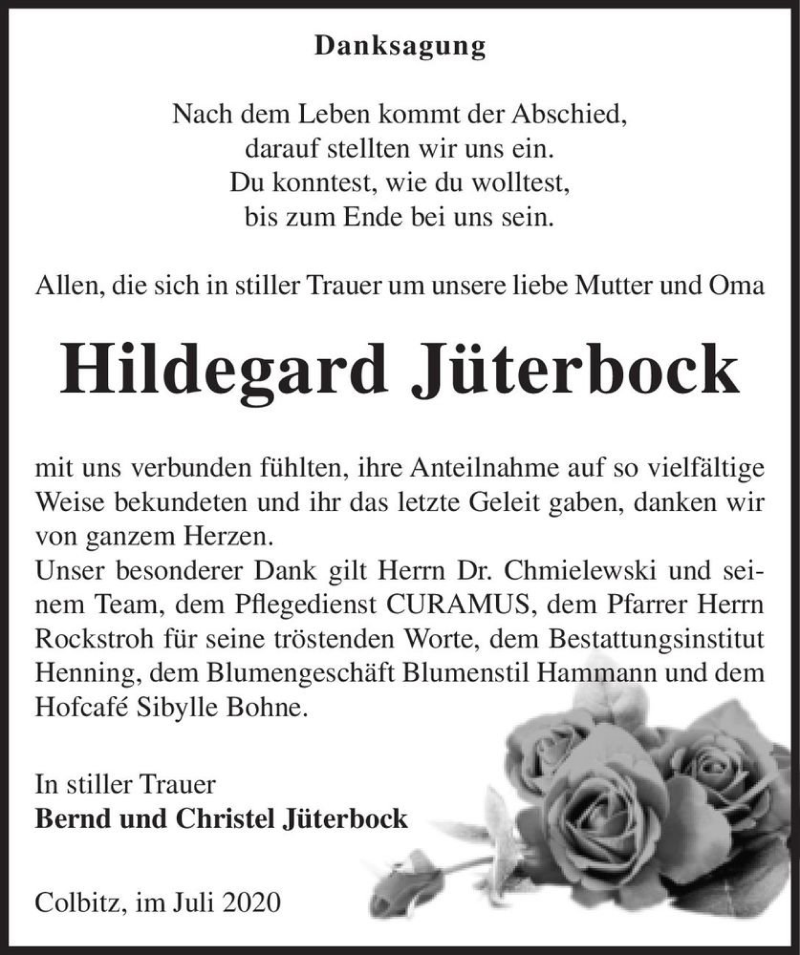  Traueranzeige für Hildegard Jüterbock  vom 04.07.2020 aus Magdeburger Volksstimme
