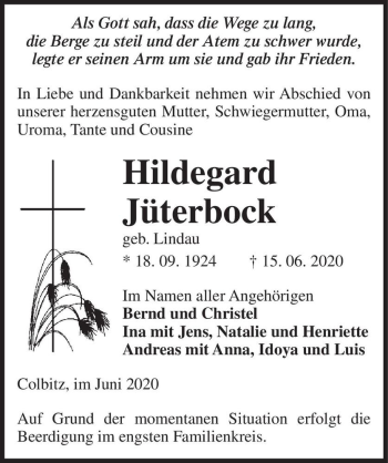Traueranzeige von Hildegard Jüterbock (geb. Lindau)  von Magdeburger Volksstimme