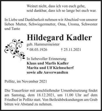 Traueranzeige von Hildegard Kadler (geb. Hammermeister)  von Magdeburger Volksstimme
