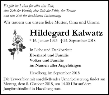 Traueranzeige von Hildegard Kalwatz  von Magdeburger Volksstimme