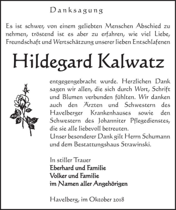 Traueranzeige von Hildegard Kalwatz  von Magdeburger Volksstimme