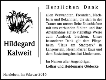 Traueranzeige von Hildegard Kalweit  von Magdeburger Volksstimme