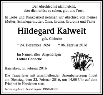 Traueranzeige von Hildegard Kalweit (geb. Gödecke)  von Magdeburger Volksstimme