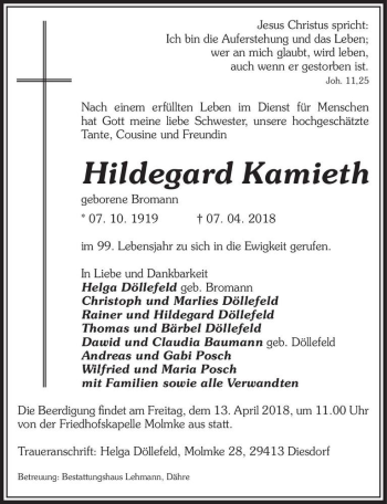 Traueranzeige von Hildegard Kamieth (geb. Bromann)  von Magdeburger Volksstimme
