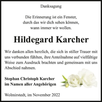 Traueranzeige von Hildegard Karcher  von Magdeburger Volksstimme
