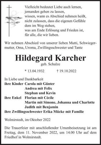 Traueranzeige von Hildegard Karcher (geb. Schulze)  von Magdeburger Volksstimme