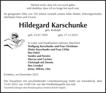 Traueranzeige von Hildegard Karschunke (geb. Rudolph)  von Magdeburger Volksstimme