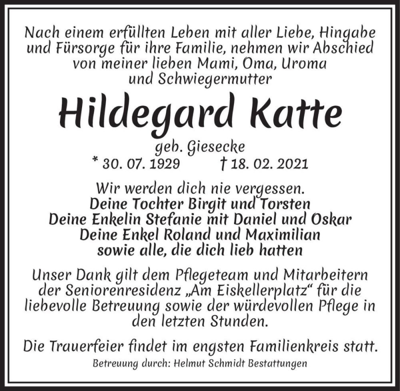  Traueranzeige für Hildegard Katte (geb. Giesecke)  vom 06.03.2021 aus Magdeburger Volksstimme