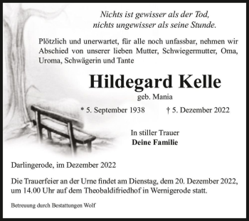 Traueranzeige von Hildegard Kelle (geb. Mania)  von Magdeburger Volksstimme