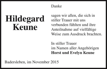 Traueranzeige von Hildegard Keune  von Magdeburger Volksstimme