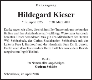 Traueranzeige von Hildegard Kieser  von Magdeburger Volksstimme
