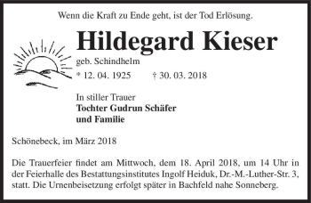 Traueranzeige von Hildegard Kieser (geb. Schindhelm)  von Magdeburger Volksstimme