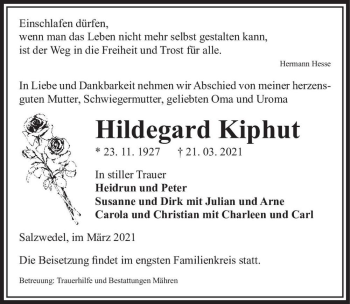 Traueranzeige von Hildegard Kiphut  von Magdeburger Volksstimme
