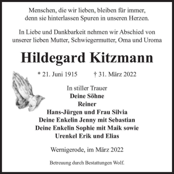 Traueranzeige von Hildegard Kitzmann  von Magdeburger Volksstimme