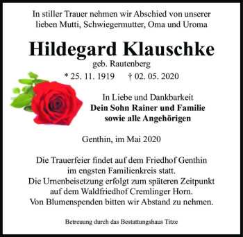 Traueranzeige von Hildegard Klauschke (geb. Rautenberg)  von Magdeburger Volksstimme