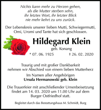 Traueranzeige von Hildegard Klein (geb. Konang)  von Magdeburger Volksstimme