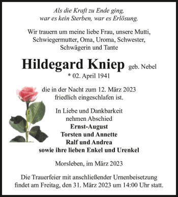 Traueranzeige von Hildegard Kniep (geb. Nebel)  von Magdeburger Volksstimme