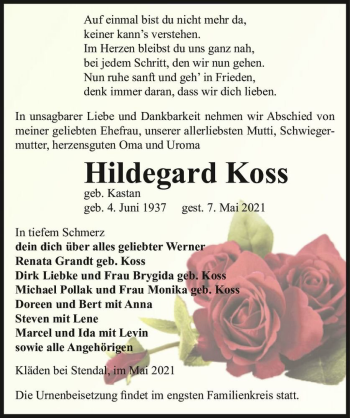 Traueranzeige von Hildegard Koss (geb. Kastan)  von Magdeburger Volksstimme
