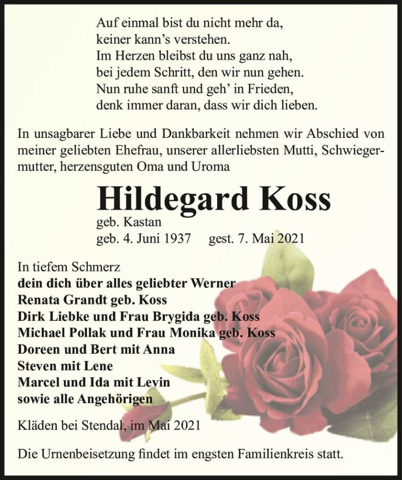  Traueranzeige für Hildegard Koss (geb. Kastan)  vom 18.05.2021 aus Magdeburger Volksstimme