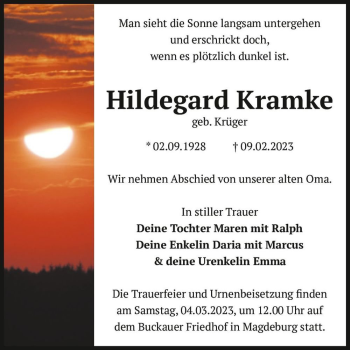 Traueranzeige von Hildegard Kramke (geb. Krüger)  von Magdeburger Volksstimme