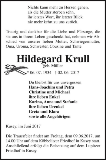 Traueranzeige von Hildegard Krull (geb. Müller)  von Magdeburger Volksstimme