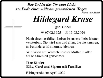 Traueranzeige von Hildegard Kruse (geb. Göbel)  von Magdeburger Volksstimme
