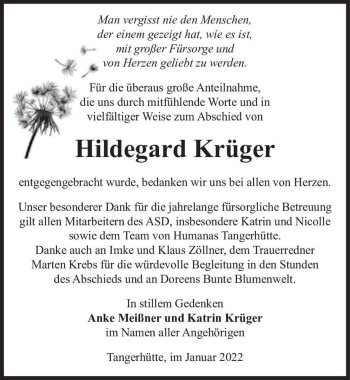 Traueranzeige von Hildegard Krüger  von Magdeburger Volksstimme