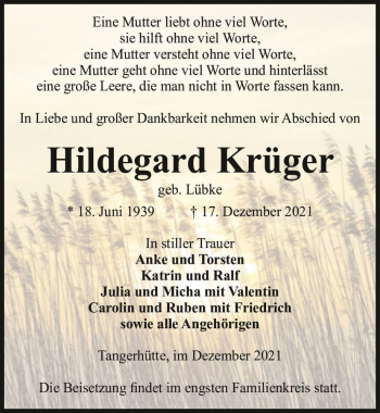Traueranzeige von Hildegard Krüger (geb. Lübke)  von Magdeburger Volksstimme