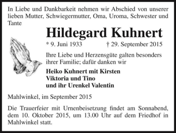 Traueranzeige von Hildegard Kuhnert  von Magdeburger Volksstimme