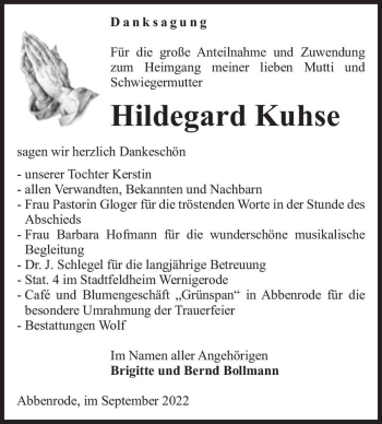 Traueranzeige von Hildegard Kuhse  von Magdeburger Volksstimme