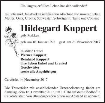 Traueranzeige von Hildegard Kuppert (geb. Makkus)  von Magdeburger Volksstimme