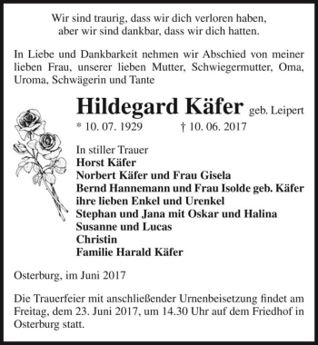 Traueranzeige von Hildegard Käfer (geb. Leipert)  von Magdeburger Volksstimme