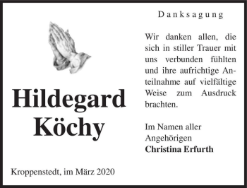 Traueranzeige von Hildegard Köchy  von Magdeburger Volksstimme